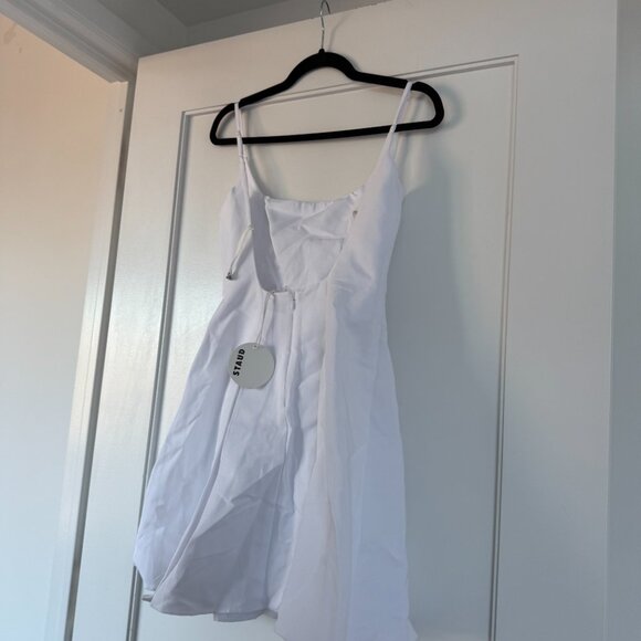 NWT Staud Joli Mini Dress White Wide Square Neck Open Back Pleated Skirt Sz 6 - Picture 6 of 7